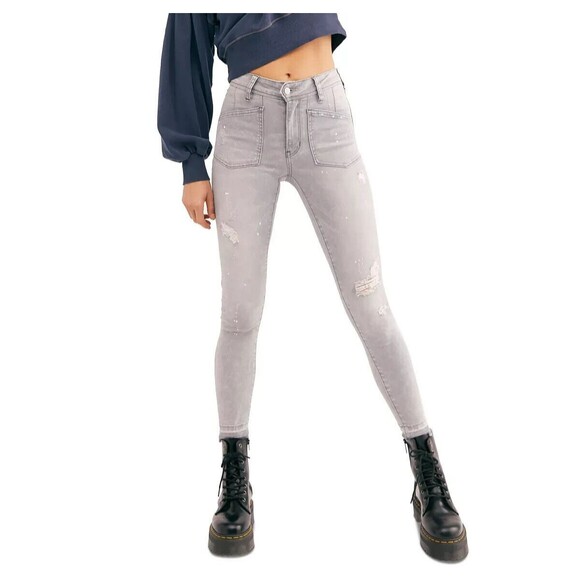 Free People Jeans Womens Sz 27x27 Gray Ivy Mid Rise Skinny Distressed Splatter - Picture 1 of 9
